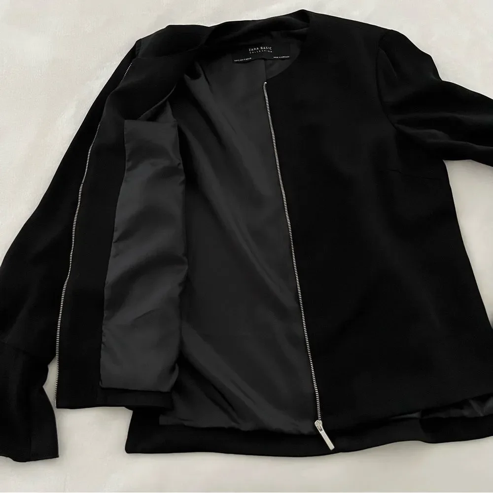 Zara Black Crepe Full Zip Ruffle Bell Sleeve Jacket, Size S NWOT